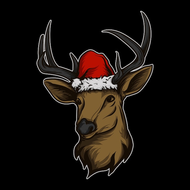 Pegatina y camiseta mascota logotipo de personaje ciervo con gorro de navidad