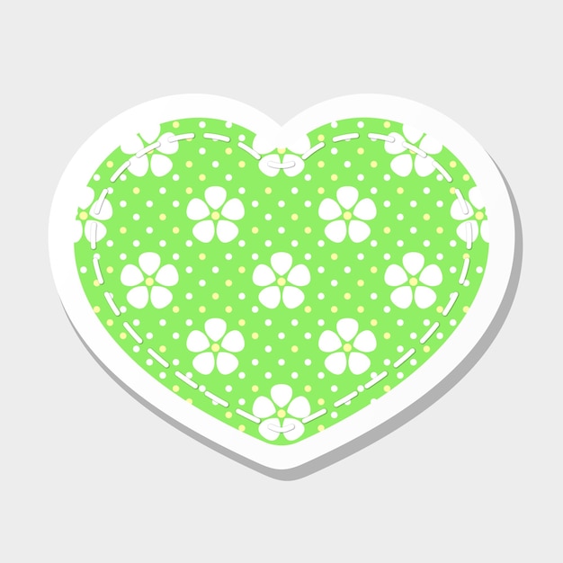 Pegatina de corazón patchwork Vector textil bordado con flores sobre fondo de lunares verdes