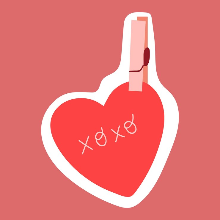 Vector pegatina corazón rojo y alfiler de madera
