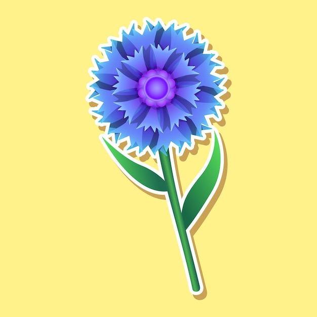 Vector pegatina de dibujos animados con flor azul aislada sobre fondo amarillo aciano en estilo clip art