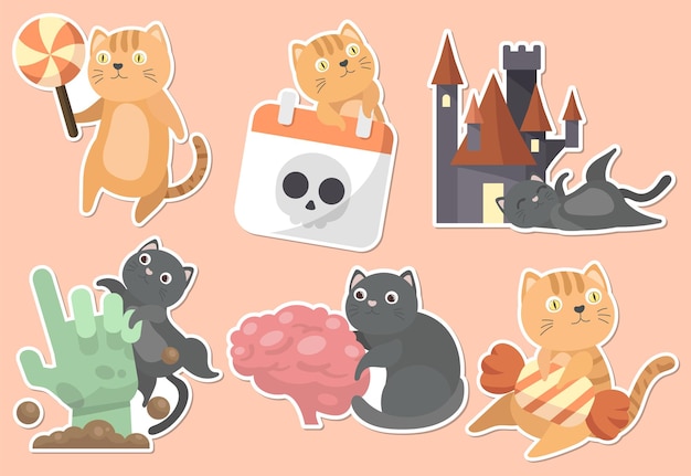 Pegatina de dibujos animados de gato en el conjunto de colección de halloween