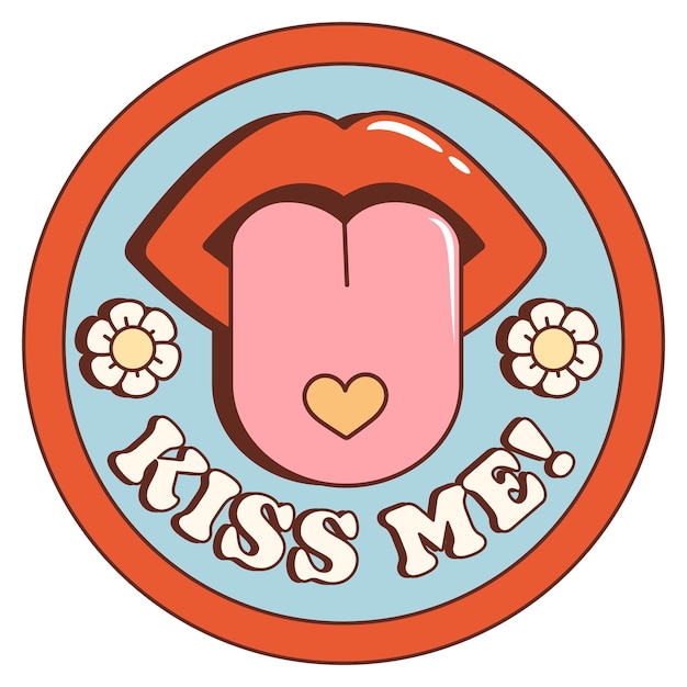 Pegatina de dibujos animados retro con labios y lengua en la boca. Besame. Concepto hippie día de San Valentín.