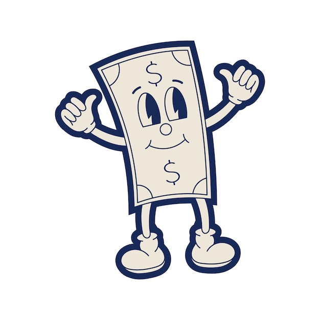 Pegatina de dinero en estilo retro Estilo garabato dibujado a mano Pegatinas vintage de los años 70 Ilustración vectorial