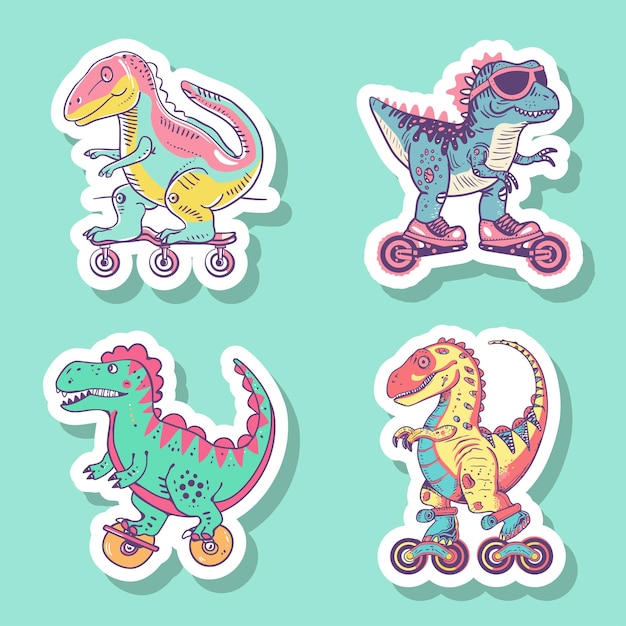 Vector pegatina de dinosaurios coloridos en patines de ruedas