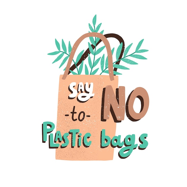 Pegatina ecológica con la inscripción Decir no a las bolsas de plástico y paquete biológico ecológico aislado en fondo blanco. Concepto de cero residuos y compras ecológicas. Ilustración de vector plano coloreado.