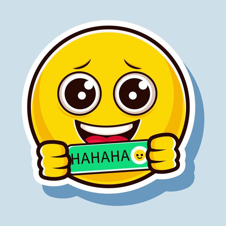 Vector una pegatina de emoji de risa que sostiene una ilustración vectorial del signo hahaha en un fondo azul que representa el concepto de diversión y risa ilustración vectoria