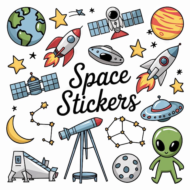 una pegatina de espacio que dice pegatinas de espacio en él
