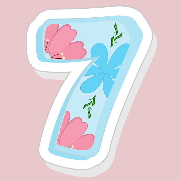 Vector pegatina estilo floral número 7 sobre fondo rosa