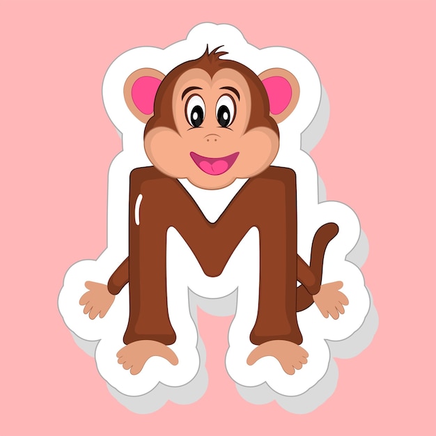 Vector pegatina estilo m alfabeto animal mono de dibujos animados sobre fondo rosa