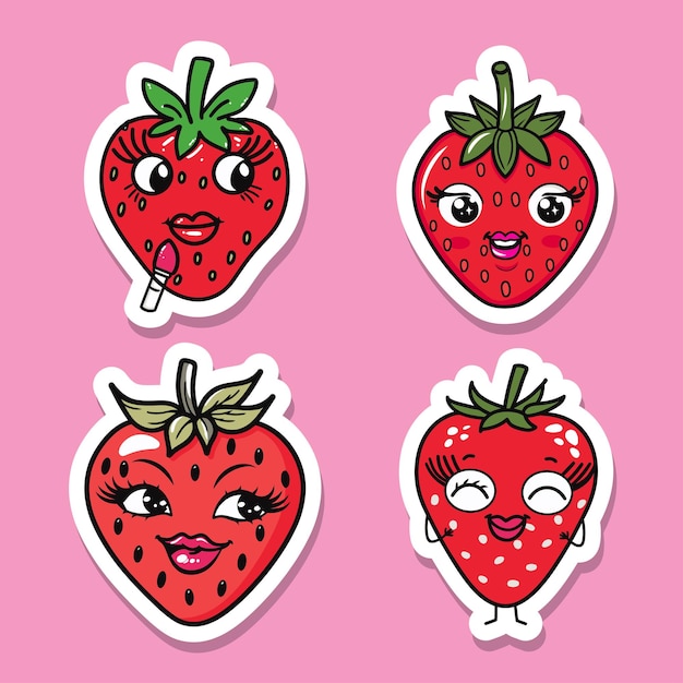 Vector pegatina de fresas personificadas con expresiones faciales