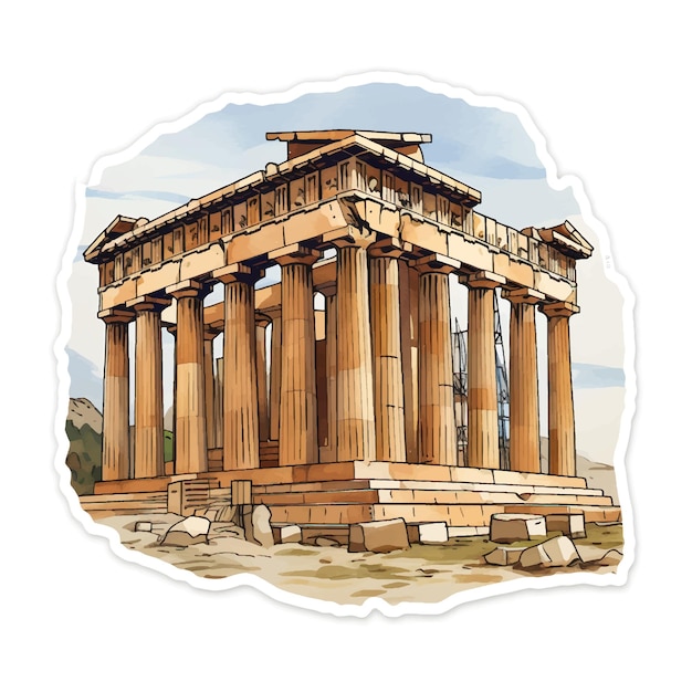 La pegatina ilustrativa del Partenón sobre un fondo blanco