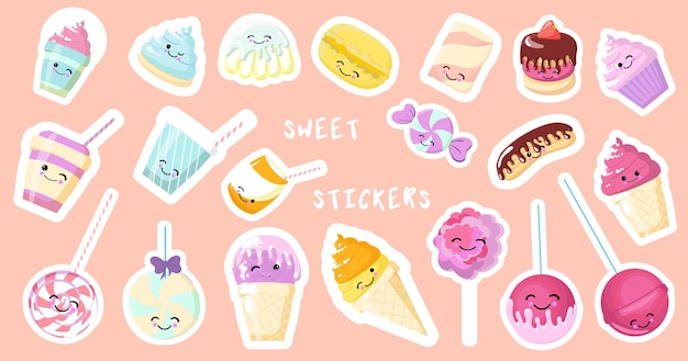Pegatina con inscripción Tan lindo. Helado, dulces, gorra con café, soda, cupcake, macarons.