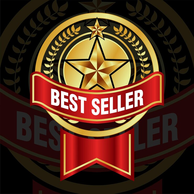 Vector pegatina de insignia del emblema más vendido en oro brillante con una cinta roja para productos certificados
