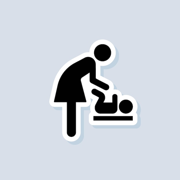 Pegatina de instalaciones para cambiar pañales. Aseo para madres con niños. Icono de madre e hijo. Signo de vestuario para bebés. Vector sobre fondo aislado. EPS 10.