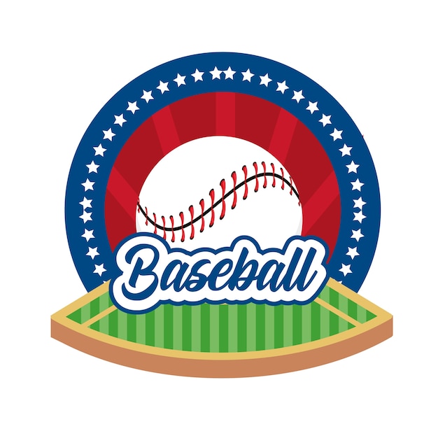 Pegatina de juego de béisbol con pelota y campo.