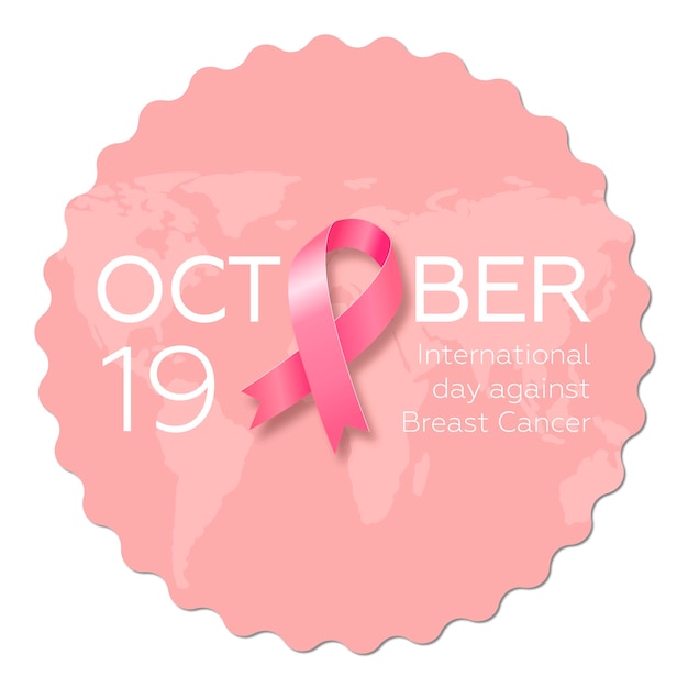 Pegatina con lazo rosa por el Día Internacional contra el Cáncer de Mama. Ilustración vectorial EPS 10