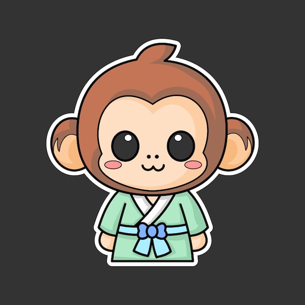 pegatina de mono con kimono estilo de dibujos animados kawaii