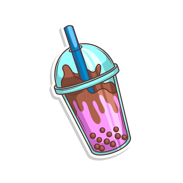 una pegatina con una paja azul y una tapa púrpura que dice chocolate en la parte inferior