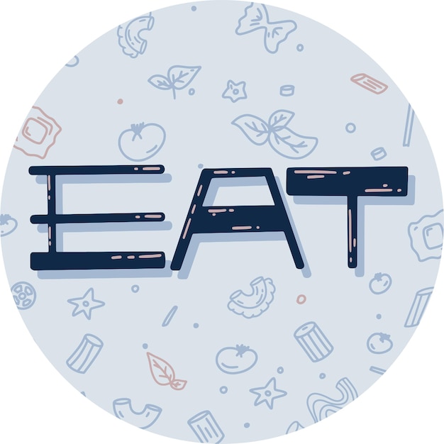 Pegatina con la palabra comer y pasta. ilustración de vector de estilo plano
