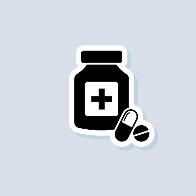 Pegatina de pastillas. icono de botella de medicina. logotipo de la farmacia. medicamento. vector sobre fondo aislado. eps 10.