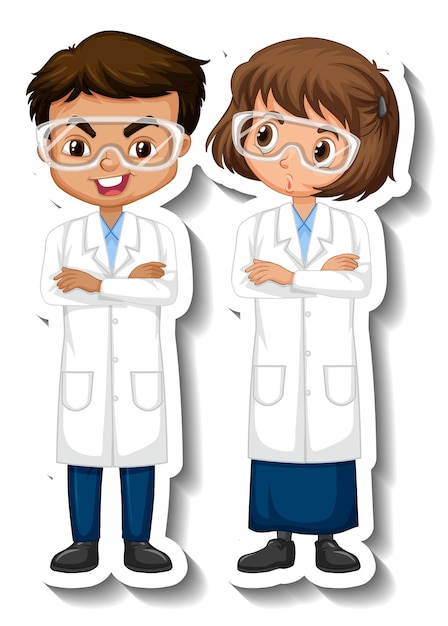 Pegatina de personaje de dibujos animados de niños de pareja de científicos