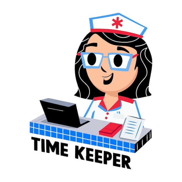 Una pegatina plana de la enfermera recepcionista con la tipografía del cronometrador