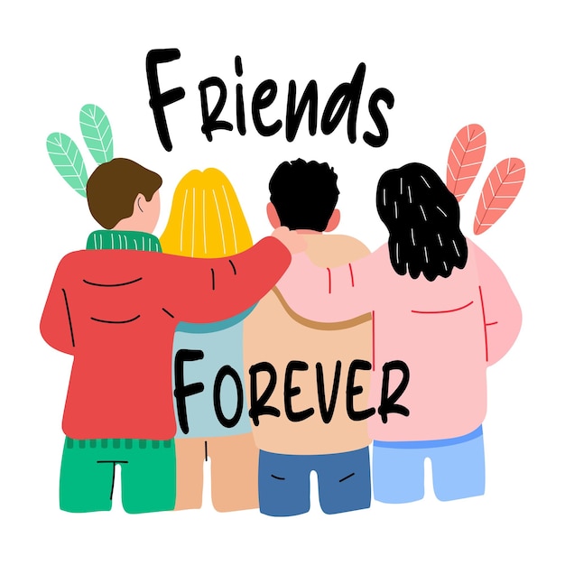 Una pegatina plana de un grupo de personas con amigos para siempre tipografía