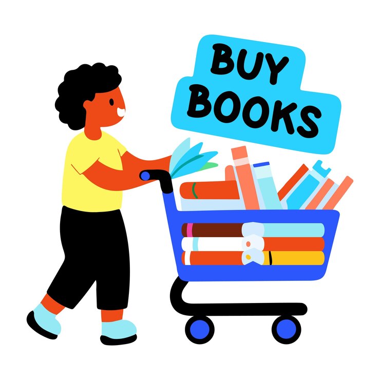 Vector una pegatina plana de un personaje bibliófilo compra libros de la tienda