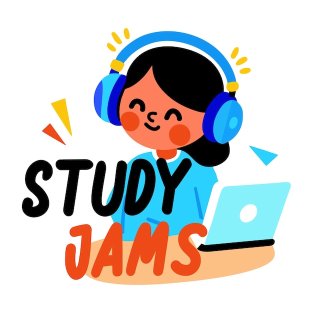 Una pegatina plana de un personaje escuchando música con tipografía de jams de estudio