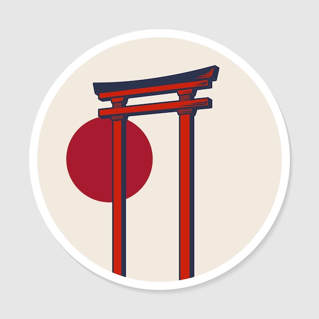 Vector pegatina de puerta torii japonesa con vector de borde blanco