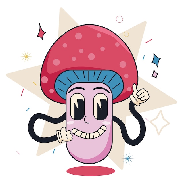 pegatina de setas en guantes blancos Personaje de comida de dibujos animados retro.