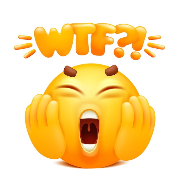 Pegatina web wtf. Personaje de dibujos animados de emoji amarillo. Cara de sonrisa emoticon.