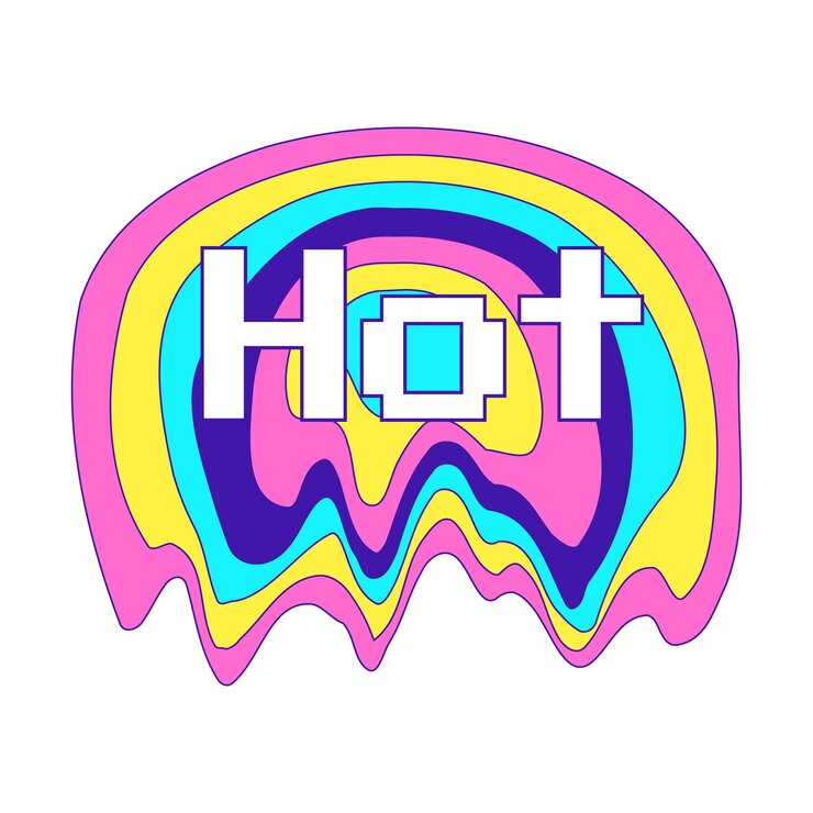 Vector pegatina y2k con una elipse de arco iris de fusión y la palabra elemento gráfico hot text en colores ácidos brillantes nostalgia por la década de 2000 ilustración vectorial simple aislada en un blanco