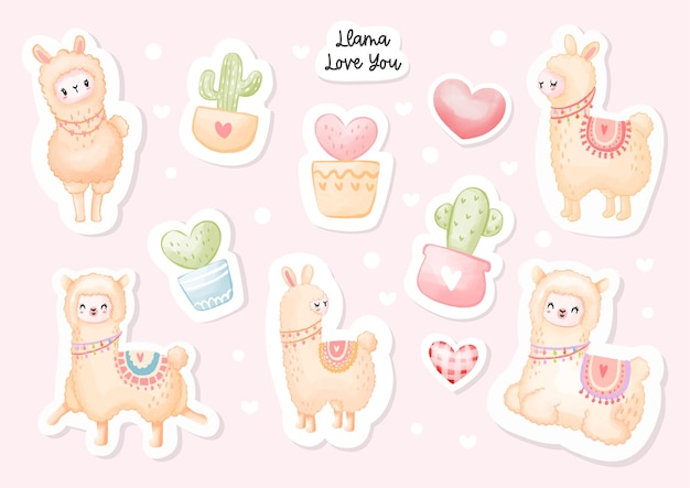 Pegatinas de acuarela feliz día de san valentín con llama linda y elementos de san valentín