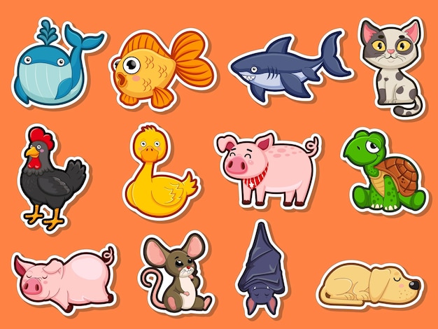 Pegatinas de animales para niños. colección de dibujos animados de animales  lindos estilo plano. plantilla de diseño de ilustración vectorial. animales  de granja, animales salvajes, animales acuáticos. | Vector Premium