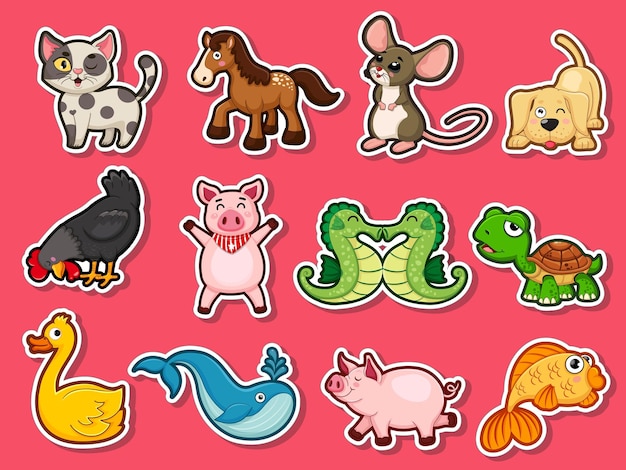 Pegatinas de animales para niños. Colección de dibujos animados de animales lindos estilo plano. Plantilla de diseño de ilustración vectorial. Animales de granja, animales salvajes, animales acuáticos.
