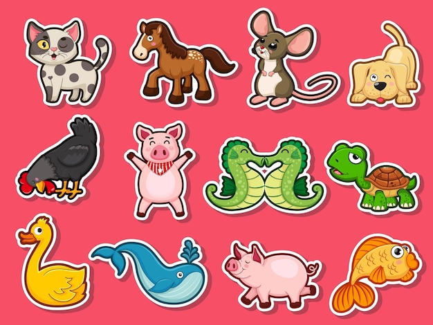 Vector pegatinas de animales para niños. colección de dibujos animados de animales lindos estilo plano. plantilla de diseño de ilustración vectorial. animales de granja, animales salvajes, animales acuáticos.