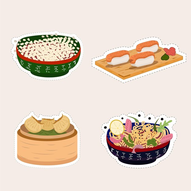 Pegatinas Asia comer comida Vector ilustración Arroz sushi Albóndigas chinas fideos wok