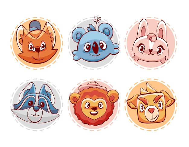 Pegatinas de avatar de vector con lindos personajes de animales de dibujos animados león conejo gato perro mapache y koal