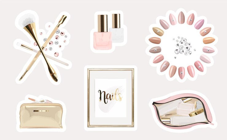 Pegatinas de belleza femenina con un juego de herramientas de manicura y esmalte de uñas
