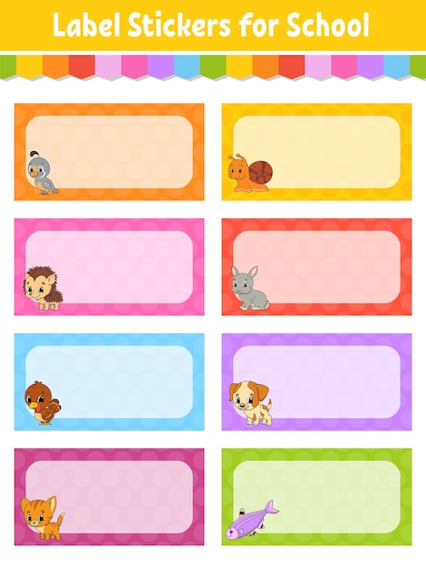 Pegatinas brillantes Etiqueta de nombre de escuela Etiqueta rectangular Ilustración aislada de vector de color
