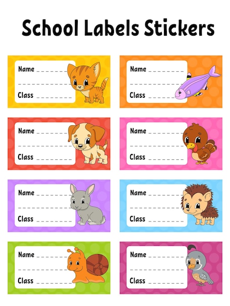 Pegatinas brillantes Nombre y clase Etiquetas de regreso a la escuela Establecer pegatinas para portátil Etiqueta rectangular Ilustración aislada de vector de color