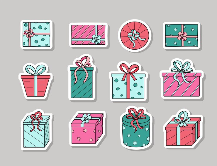 Pegatinas Cajas de regalo con lazos Ilustración vectorial de iconos de colores de un regalo festivo en un paquete