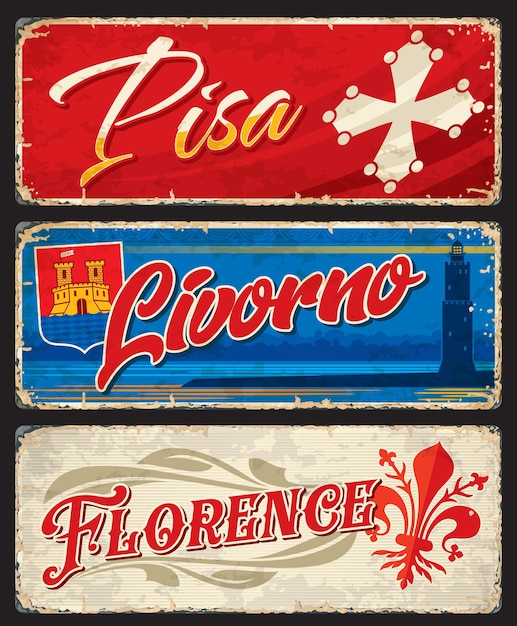 Vector pegatinas de las ciudades italianas de pisa livorno y florencia