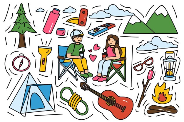 Pegatinas coloridas para acampar en diseño plano Proyecto con estas pegatinas estilo dibujos animados