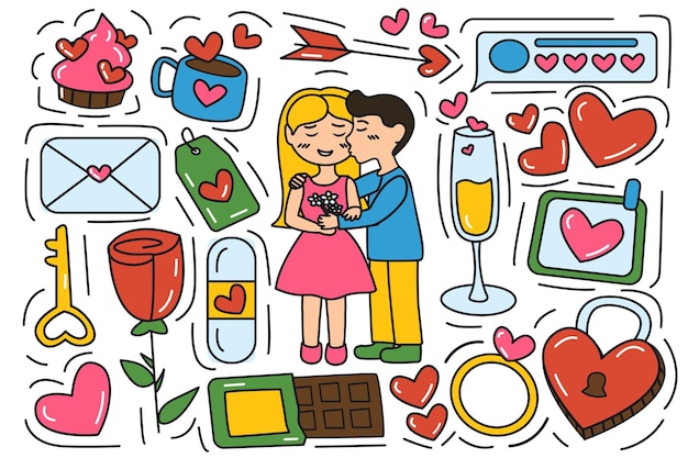Pegatinas coloridas de amor en diseño plano. Este conjunto ofrece una variedad de ilustraciones con temas de amor.
