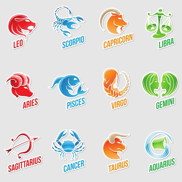 Pegatinas de coloridos signos zodiacales sobre fondo gris