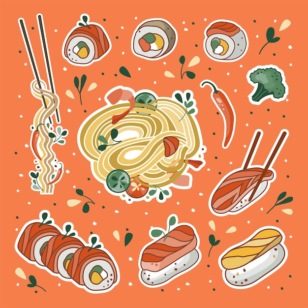Pegatinas de comida asiática. Sopa udon o ramen, fideos, sushi y tazón. Mariscos.