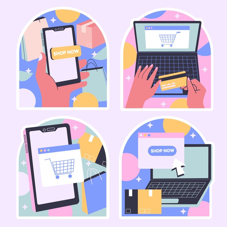 Vector pegatinas de compras planas de estilo ingenuo