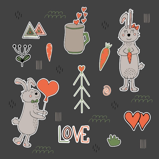 Pegatinas de conejitos de amor del día de san valentín en estilo de dibujos animados con taza de zanahoria flor árbol de navidad hea